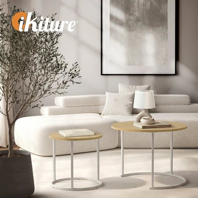 CTB-S2-6040-WDWH Oikiture Set of 2 Nesting Coffee Table Round Side End Tables Natural and White