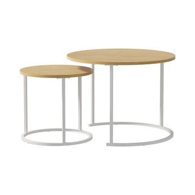 CTB-S2-6040-WDWH Oikiture Set of 2 Nesting Coffee Table Round Side End Tables Natural and White