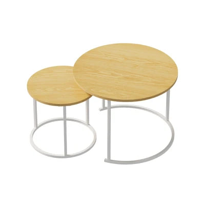 CTB-S2-6040-WDWH Oikiture Set of 2 Nesting Coffee Table Round Side End Tables Natural and White
