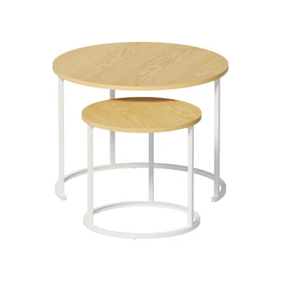 CTB-S2-6040-WDWH Oikiture Set of 2 Nesting Coffee Table Round Side End Tables Natural and White