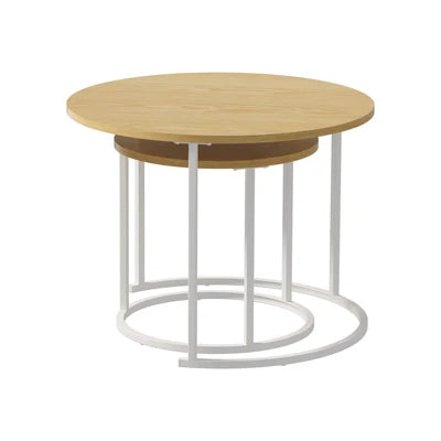 CTB-S2-6040-WDWH Oikiture Set of 2 Nesting Coffee Table Round Side End Tables Natural and White