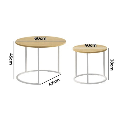 CTB-S2-6040-WDWH Oikiture Set of 2 Nesting Coffee Table Round Side End Tables Natural and White