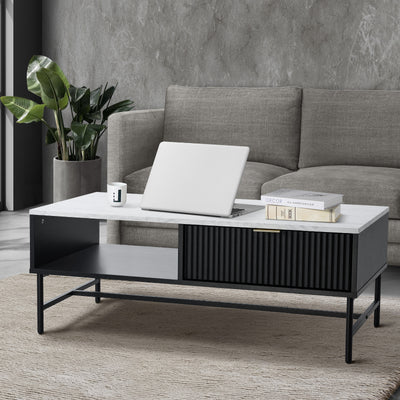 CTB-WAVE-WHBK Hammond Coffee Table Oikiture Coffee Table 1 Drawer Sofa End Table Storage Shelf Black and White
