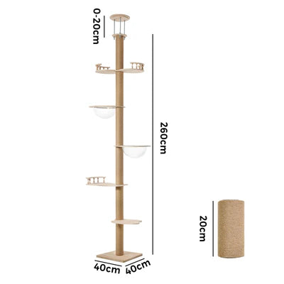CTR-CEIL-C7-WD-300 Alopet Cat Tree Wood Tower Scratching 300cm Post Scratcher Floor to Ceiling