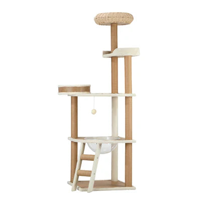 CTR-RAT-C4-153-WD Alopet Cat Tree Tower Rattan Scratching Post Scratcher Cats Condo House 153cm