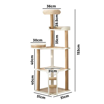 CTR-RAT-C4-153-WD Alopet Cat Tree Tower Rattan Scratching Post Scratcher Cats Condo House 153cm