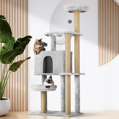 CTR-W-B5-FL-GY-135 Alopet Cat Tree Tower Scratching Post Scratcher Cats Condo House Bed Wood 140cm