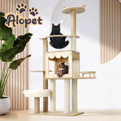 CTR-W-B9-SC-WD-135 Alopet Cat Tree Scratching Post Tower Condo Scratchers Kitten Furniture 131cm