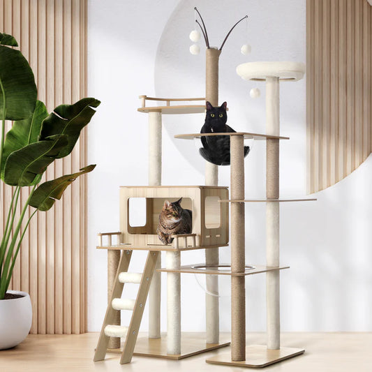 CTR-W-DOUBLE-WD-172 Alopet Large Cat Tree Wood Scratcher Scratching Post Tower Condo House Bed 172cm