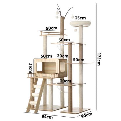 CTR-W-DOUBLE-WD-172 Alopet Large Cat Tree Wood Scratcher Scratching Post Tower Condo House Bed 172cm