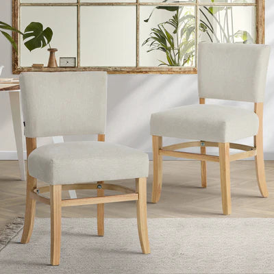 DCH-LEO-LN-BG-2PC Oikiture 2x Dining Chairs Wooden Kitchen Seat Rubberwood Frame Accent Chair Beig