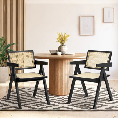 DCH-RUDI-BK-2PC Oikiture Dining Chairs Rattan Chair Wooden Accent Chair Balck
