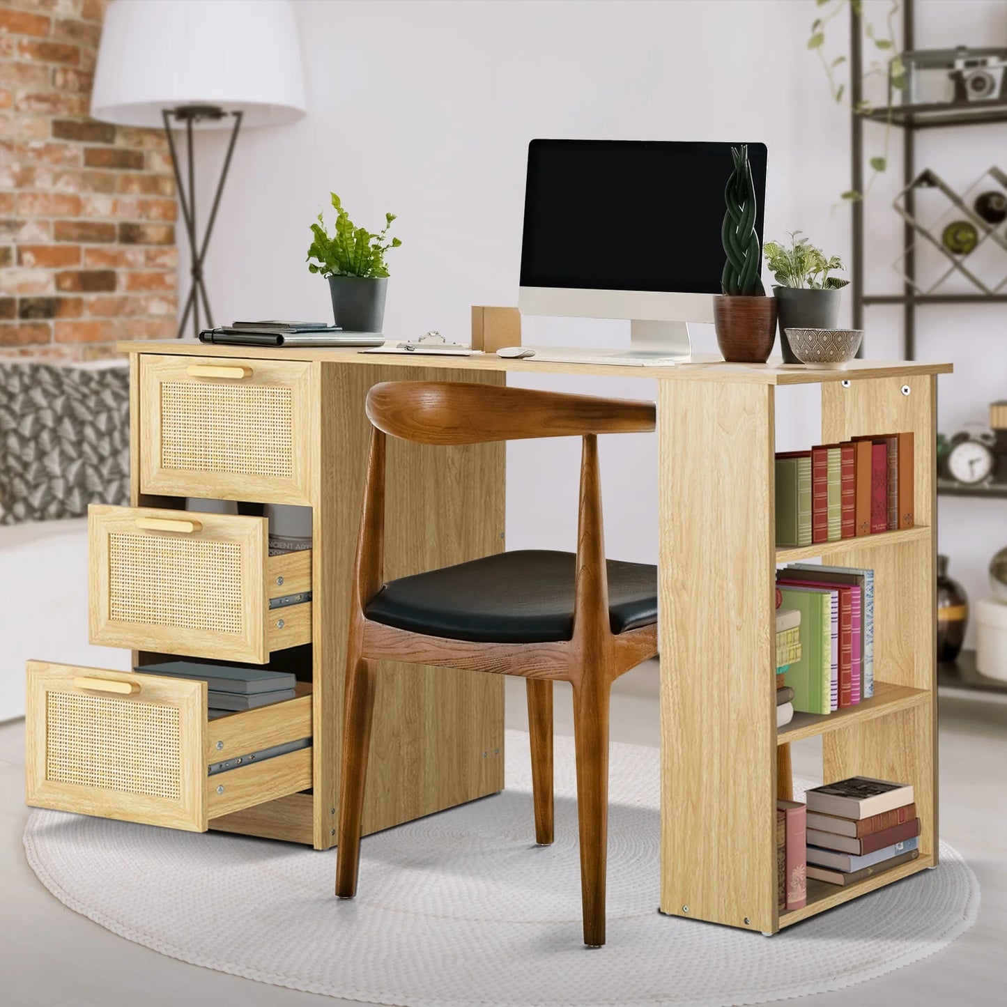 DK-A22-RAT-WD Oikiture Computer Desk Drawers Storage Shelf Laptop Student Study Office Table