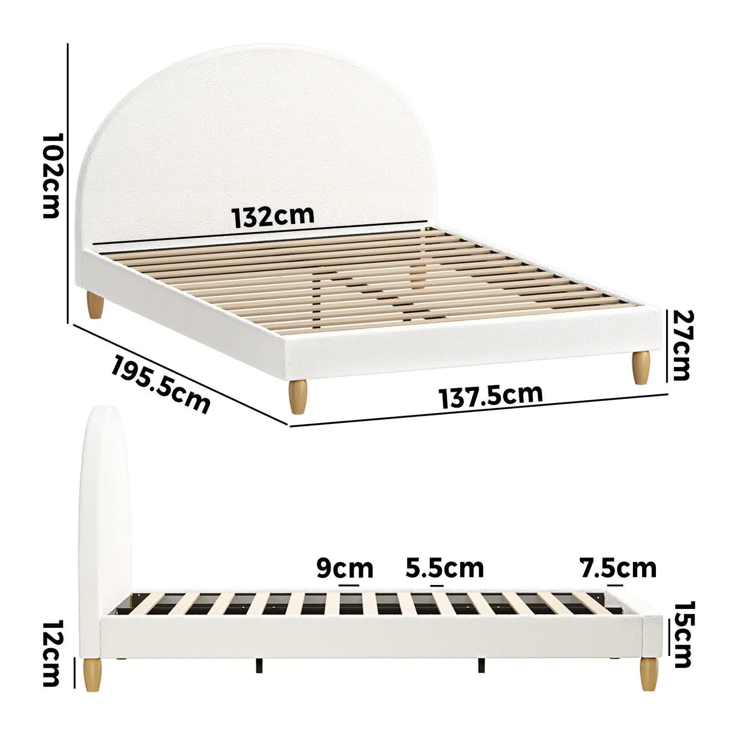 BF-B-MUNA-D-SP-WH-AB Oikiture Bed Frame Double Size Boucle Fabric Arched Beds Platform