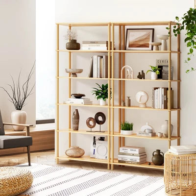 DS-BOHO-5TIER-WD Oikiture Bookshelf 5 Tier Display Shelf Storage Shelves Stand Rack Natural