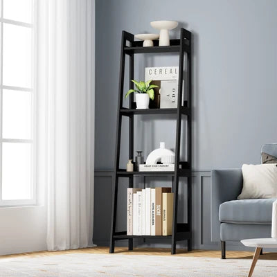 DS-VJ-LADR-4S-BK Oikiture Bookshelf 4 Tier Corner Ladder Shelf Home Storage Display Rack Black