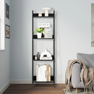 DS-VJ-LADR-4S-BK Oikiture Bookshelf 4 Tier Corner Ladder Shelf Home Storage Display Rack Black