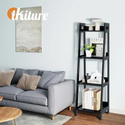 DS-VJ-LADR-4S-BK Oikiture Bookshelf 4 Tier Corner Ladder Shelf Home Storage Display Rack Black