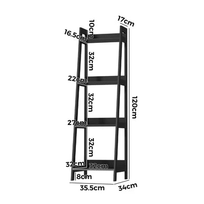 DS-VJ-LADR-4S-BK Oikiture Bookshelf 4 Tier Corner Ladder Shelf Home Storage Display Rack Black