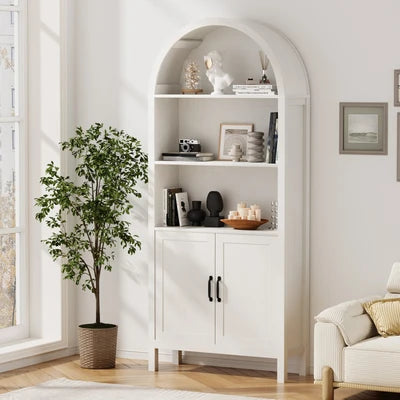 DS-XF-ARCH-2D-WH Oikiture Arched Bookshelf Display Shelf Bookcase Bookshelves Storage White
