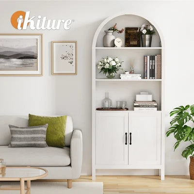 DS-XF-ARCH-2D-WH Oikiture Arched Bookshelf Display Shelf Bookcase Bookshelves Storage White