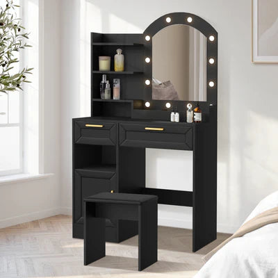 DT-BD-ARCH-BK-AB 2-Piece Diana LED Dressing Table & Stool Set Black