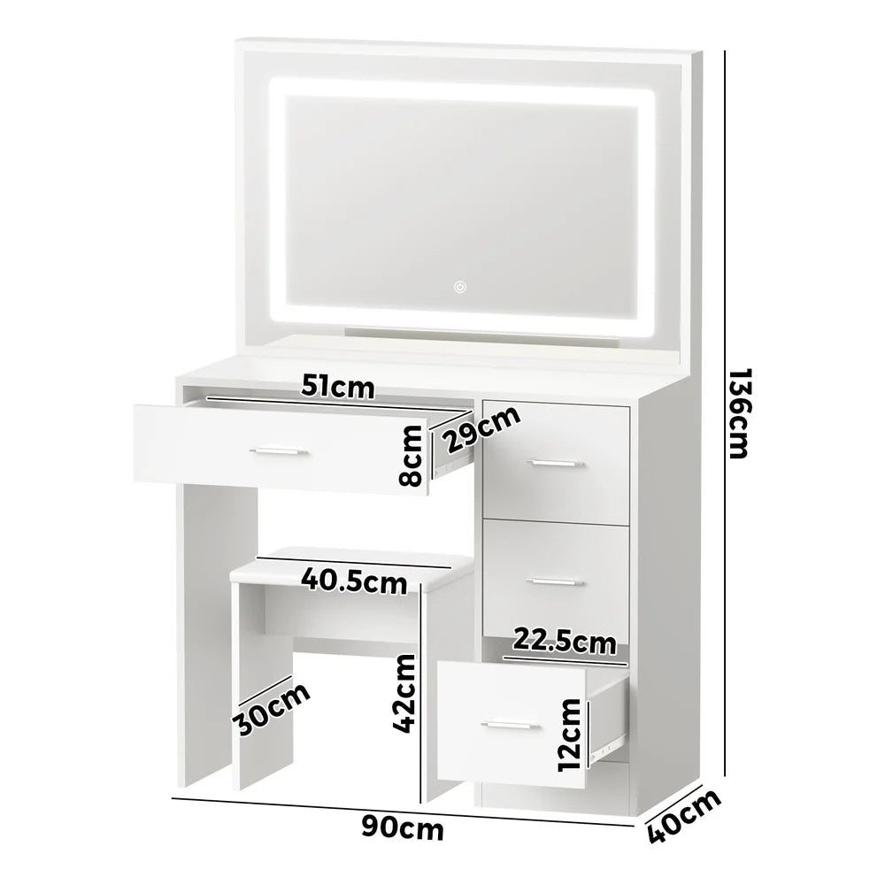 DT-BD-ARCH-WH-AB 2-Piece Diana LED Dressing Table & Stool Set White