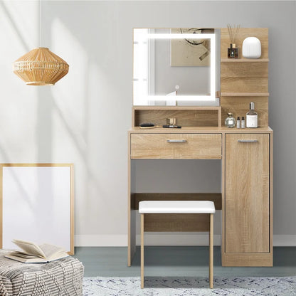 DT-ST-B16-WD-AB Oikiture Dressing Table Stool Set Makeup Mirror LED Light Cabinet Natural
