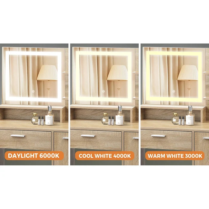 DT-ST-B16-WD-AB Oikiture Dressing Table Stool Set Makeup Mirror LED Light Cabinet Natural