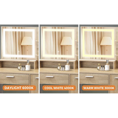 DT-ST-B16-WD-AB Oikiture Dressing Table Stool Set Makeup Mirror LED Light Cabinet Natural