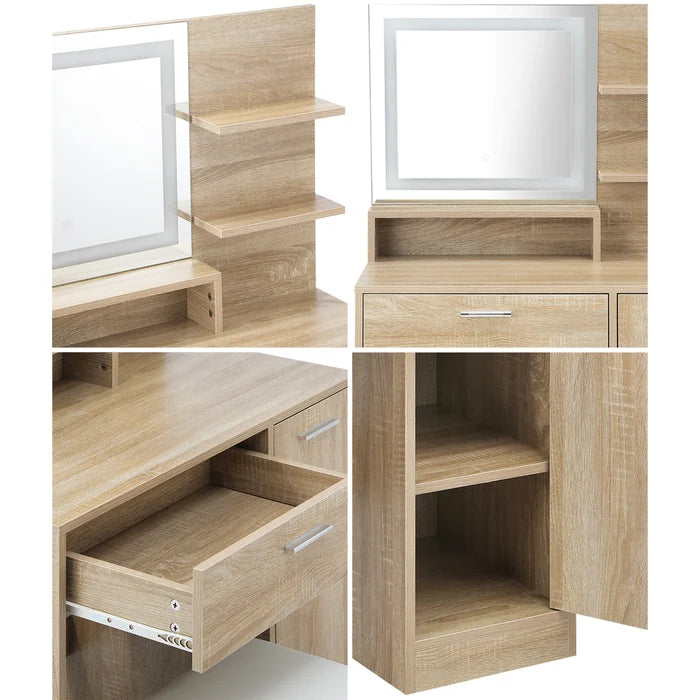 DT-ST-B16-WD-AB Oikiture Dressing Table Stool Set Makeup Mirror LED Light Cabinet Natural