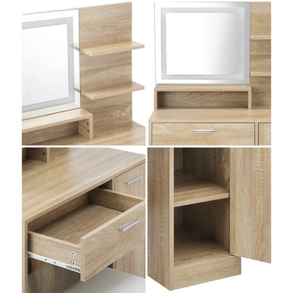 DT-ST-B16-WD-AB Oikiture Dressing Table Stool Set Makeup Mirror LED Light Cabinet Natural