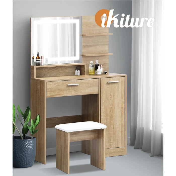 DT-ST-B16-WD-AB Oikiture Dressing Table Stool Set Makeup Mirror LED Light Cabinet Natural