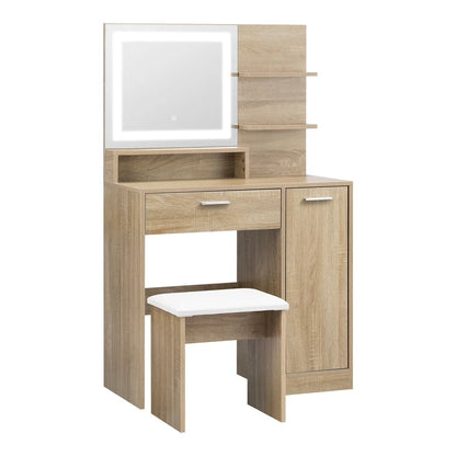 DT-ST-B16-WD-AB Oikiture Dressing Table Stool Set Makeup Mirror LED Light Cabinet Natural