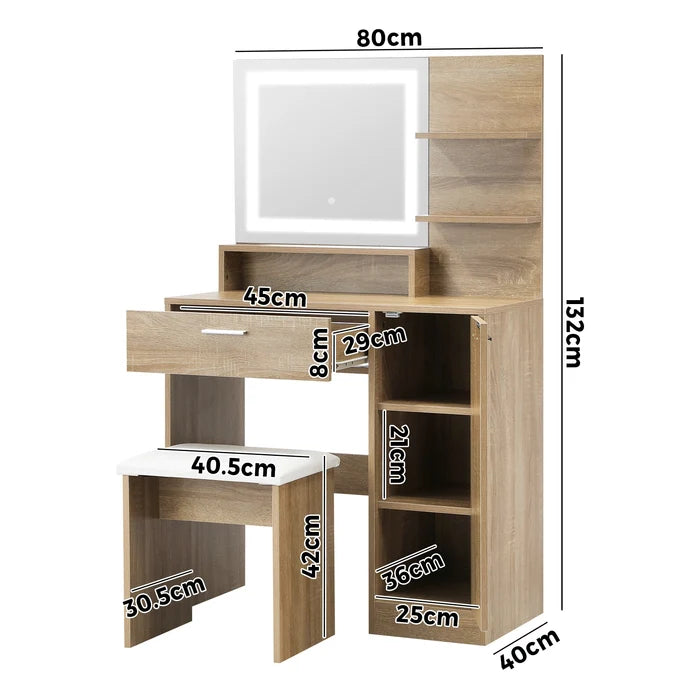 DT-ST-B16-WD-AB Oikiture Dressing Table Stool Set Makeup Mirror LED Light Cabinet Natural