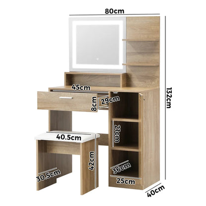 DT-ST-B16-WD-AB Oikiture Dressing Table Stool Set Makeup Mirror LED Light Cabinet Natural