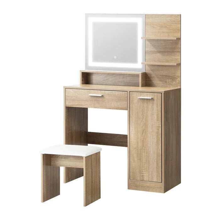 DT-ST-B16-WD-AB Oikiture Dressing Table Stool Set Makeup Mirror LED Light Cabinet Natural