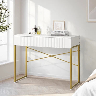 DT-HH-GLORY-WHGD Oikiture Dressing Table Vanity Makeup Desk 2 Drawers White and Gold