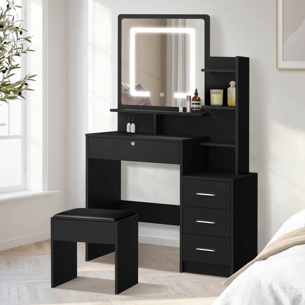 DT-ST-B16-BK Oikiture Dressing Table Stool Set Makeup Mirror LED Light Storage Cabinet Black