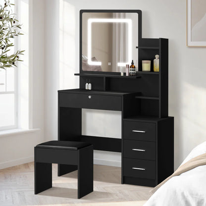 DT-ST-B16-BK Oikiture Dressing Table Stool Set Makeup Mirror LED Light Storage Cabinet Black