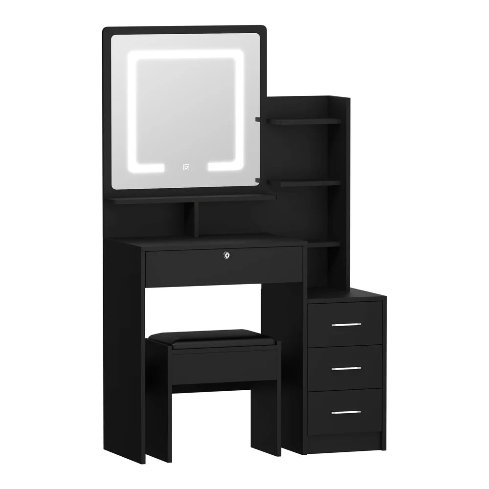 DT-ST-B16-BK Oikiture Dressing Table Stool Set Makeup Mirror LED Light Storage Cabinet Black