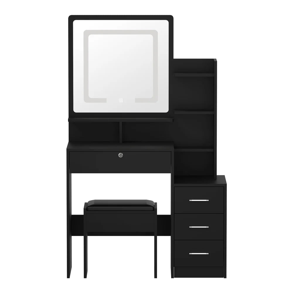 DT-ST-B16-BK Oikiture Dressing Table Stool Set Makeup Mirror LED Light Storage Cabinet Black
