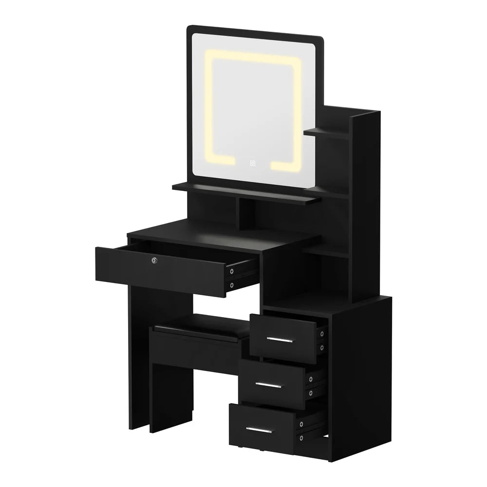 DT-ST-B16-BK Oikiture Dressing Table Stool Set Makeup Mirror LED Light Storage Cabinet Black