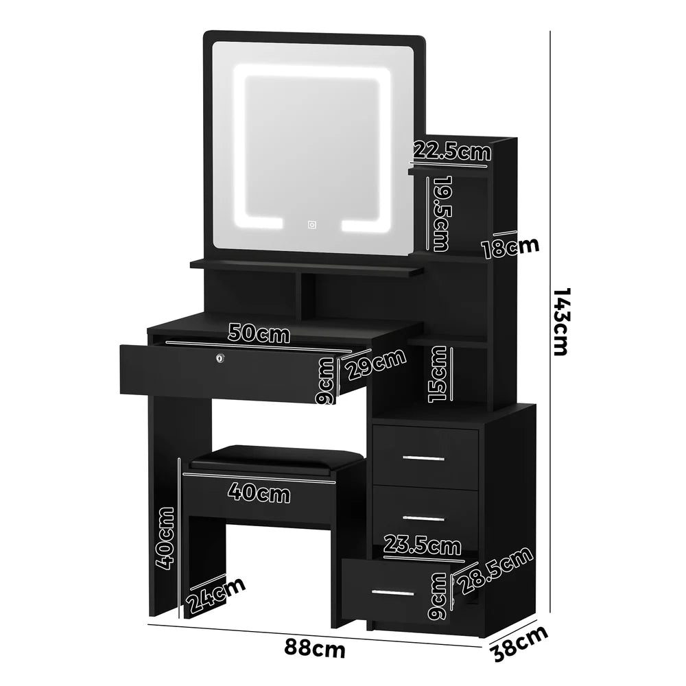 DT-ST-B16-BK Oikiture Dressing Table Stool Set Makeup Mirror LED Light Storage Cabinet Black