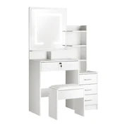 DT-ST-B16-WH-AB Oikiture Dressing Table Stool Set Makeup Mirror LED Light Storage Cabinet White