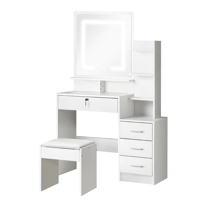 DT-ST-B16-WH-AB Oikiture Dressing Table Stool Set Makeup Mirror LED Light Storage Cabinet White