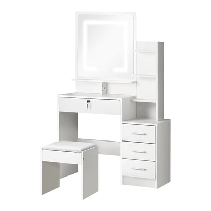 DT-ST-B16-WH-AB Oikiture Dressing Table Stool Set Makeup Mirror LED Light Storage Cabinet White