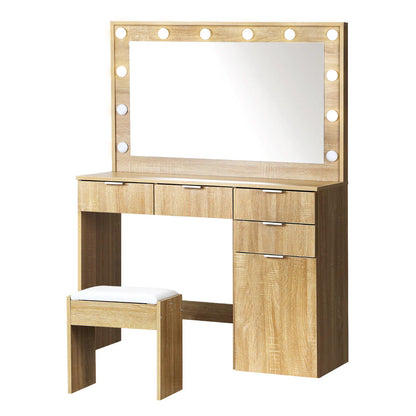 DT-ST-B18-WD Oikiture Dressing Table Stool Set Large Mirror 12 Bulbs Oak