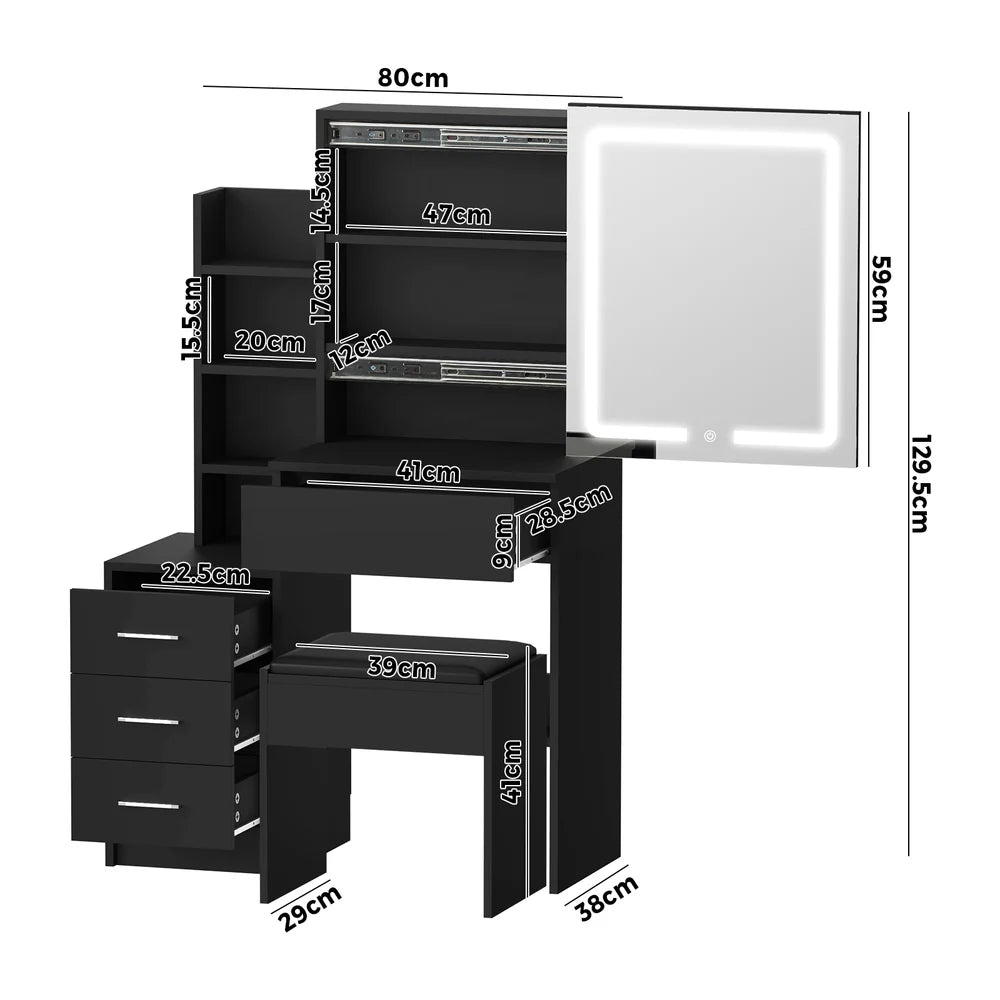 DT-ST-B19-BK-AB Oikiture Dressing Table Stool Set Makeup Slide Mirror LED Light Vanity Black