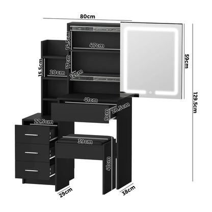 DT-ST-B19-BK-AB Oikiture Dressing Table Stool Set Makeup Slide Mirror LED Light Vanity Black